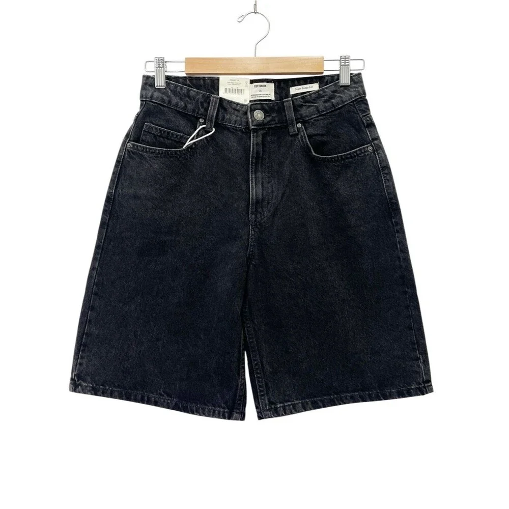 NWT Cotton On Super Baggy Jort Size 26 Black Denim Shorts Mid Rise Long Baggy